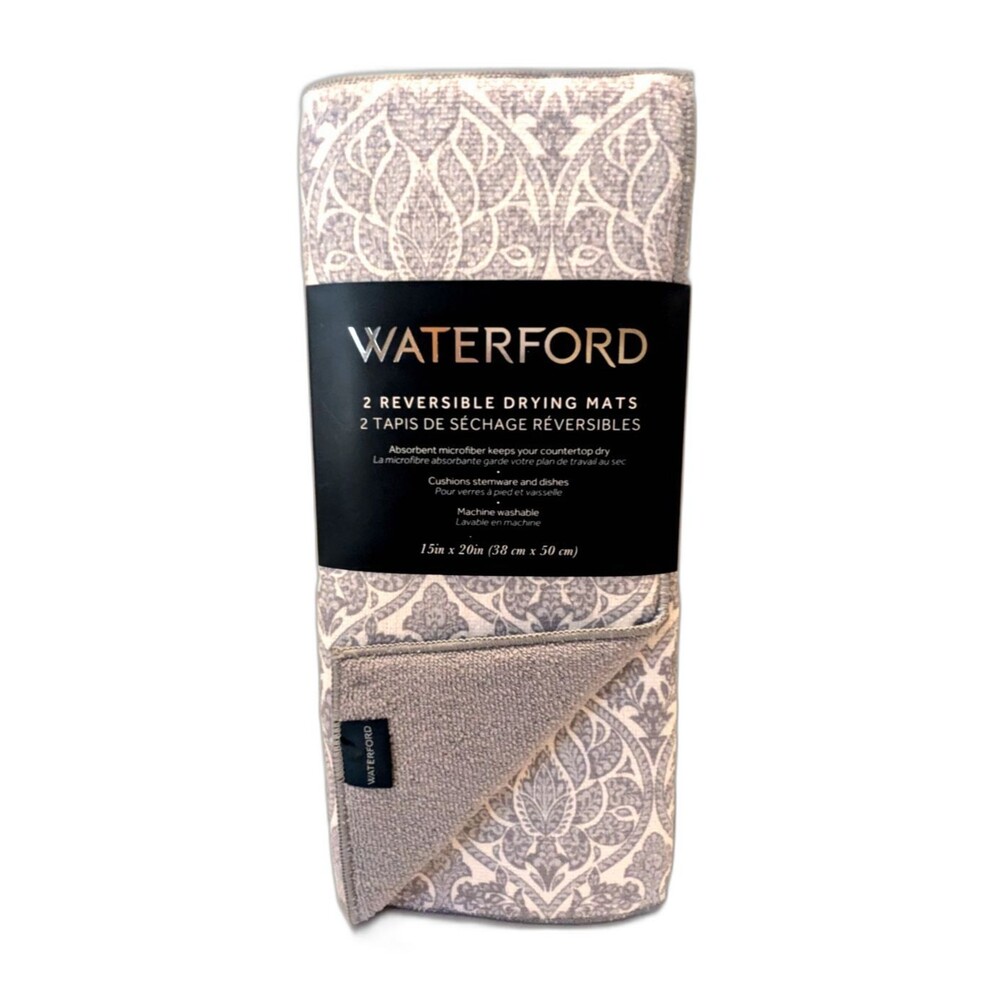 Waterford Dish Drying Mats Gray White Baroque Design Polyester Kitchen 2pc NEW